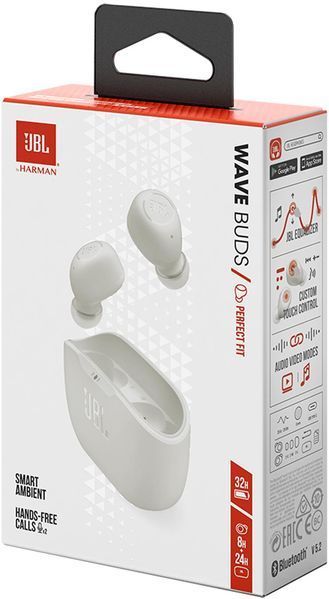Гарнітура вакуумна JBL Wave Buds TWS Bluetooth, White JBLWBUDSWHT фото
